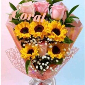 girasoles y rosas rosadas - Arreglo Floral Florería Coral