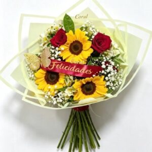 ramo de girasoles y rosas con complementos - Arreglo Floral Florería Coral